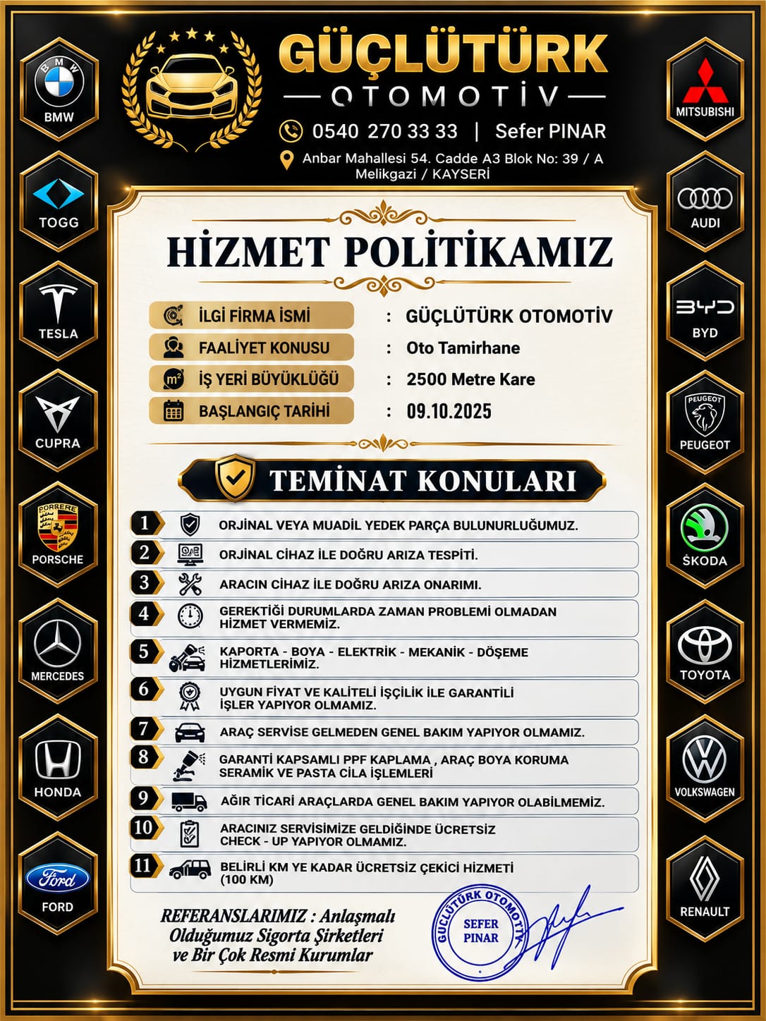 Güçlütürk Otomotiv Resmi Hizmet Politikası Belgesi